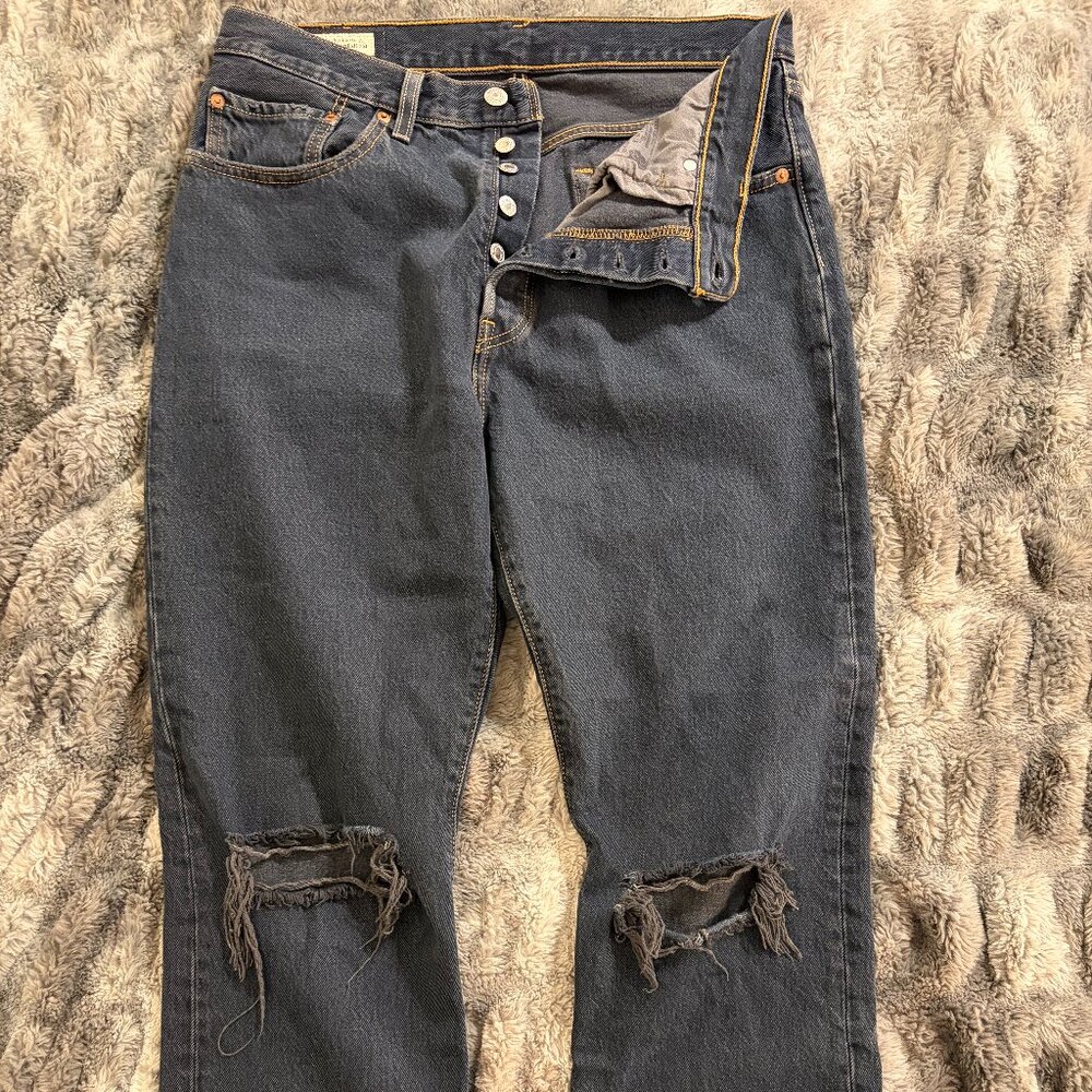 Levi's 501 Premium High Rise Cropped Jeans - Dark Wash Distressed - 31x26